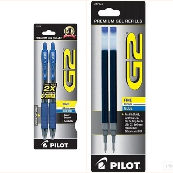 Pilot G2 Retractable Gel Ball Pen 0.7mm 2/Pk Blue w/Refills Office School Home - Picture 1 of 1